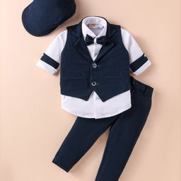 Rikidoos Full Sleeves Solid Shirt With Ribbed Waistcoat Pant Bow & Cap Set - Navy Blue & White-image-39