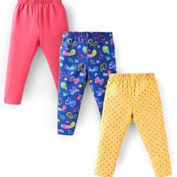 Babyhug Cotton Lycra Knit Full Length Lounge Pants with Solid Polka Dots & Butterfly Print Pack of 3 - Pink Blue & Yellow-image-59