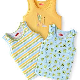Babyhug 100% Cotton Sleeveless Sandos Striped & Frog Print Pack of 3 - Light Blue Yellow-picture-15