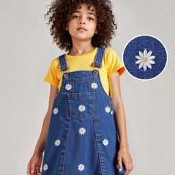 Ollington St. Sinker Knit Half Sleeves T-Shirt with Text Print & Stretchable Denim Pinafore with Floral Embroidery - Yellow & Navy Blue-picture-11
