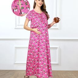 Bella Mama Cotton Knit Half Sleeves Unicorn Printed Maternity Nursing Nighty - Pink-picture-12