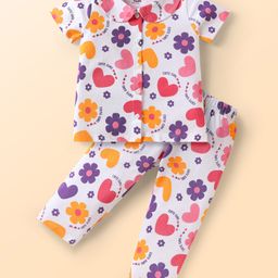 Doodle Poodle 100% Cotton Single Jersey Knit Front Open Half Sleeves Co-ords Night Suit With Floral Print - White-image-99