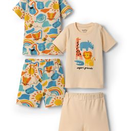 Bonfino 100% Cotton Knit Half Sleeves Shorts Night Suits with Safari Theme Print Pack of 2 - Offwhite-image-32