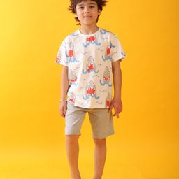 Anthrilo Cotton Knit Half Sleeves Shark Printed Tee & Shorts Set - Off White-picture-11