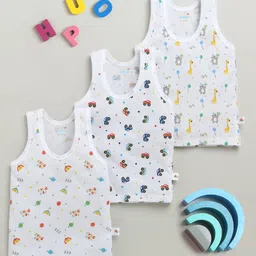 BUMZEE Cotton Pack Of 3 Sleeveless Car & Animals Printed Vests - White-picture-12