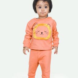 Ariel Pure Cotton Full Sleeves Baby Lion Designed Tee & Pajama Set - Orange-image-4