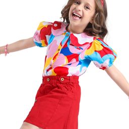 OLLINGTON ST. Cotton Poplin Half Sleeves Floral Printed Top & Woven Skirt Set -Multicolor & Red-image-95