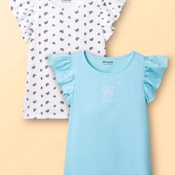 Honeyhap Premium 100% Cotton Knit Frill Sleeves T-Shirts with Bio Finish Butterfly Print Pack of 2 - Blue Elixir & Bright White-picture-5