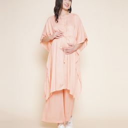Mine4Nine Rayon Woven Half Batwing Sleeves Solid Maternity Kaftaan Top With Nursing Access & Coordinating Pant Set - Peach-image-32