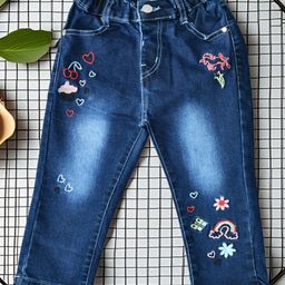 Bella Moda Denim Woven Floral & Cup Cake Embroidered Washed Stretchable Jeans - Navy Blue-image-89