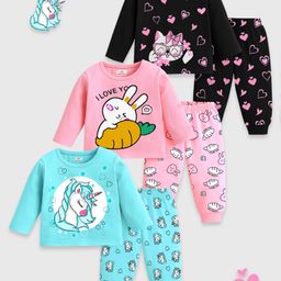 KUCHIPOO Cotton Blend Knit Pack Of 3 Full Sleeves Unicorn & Baby Animals Printed Tees & Joggers Set - Black Pink & Sky Blue-picture-28