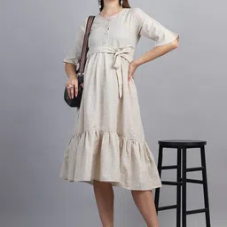 Moms Maternity Checked Bell Sleeve Maternity Fit & Flare Midi Dress-image-52