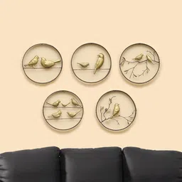 vedas Mystic Indiana Gold-toned 5 Pieces Textured Metal Cara Circle Bird Family Wall Decor-0