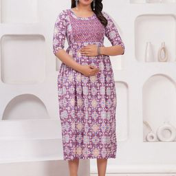 UrbanRang Cotton Ethnic Motifs Printed Maternity Fit and Flare Midi Dress-image-82