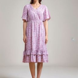 DressBerry Women Printed V-Neck Flared Sleeve Layered Crepe Wrap Midi Dress-image-87