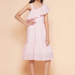 JAKANARY Striped One Shoulder Ruffled Fit & Flare Midi Dress-image-98