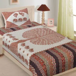 LIVING ROOTS Orange Ethnic Motifs Printed 144 TC Cotton Single Bedsheet With Pillow Cover-image-99