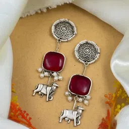 NAMAN ARTS Silver-Plated Stones Studded & Beaded Animal Shaped Oxidised Drop Earrings-image-59