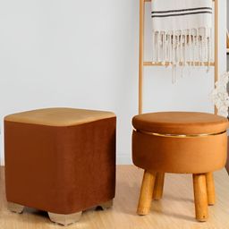 Shadowkart Set Of 2 Brown WoodenPouffes Sitting Ottomans-7