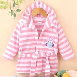 Babyhug Cotton Terry Knit Full Sleeves Hooded Bath Robe Stripes & Owl Design - Pink & White-image-22