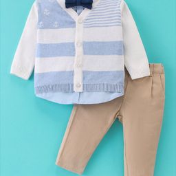 ToffyHouse Cotton Woven Shirt & Bottom Set with Flat Knit Sweater Stripe Design - Khaki-image-4