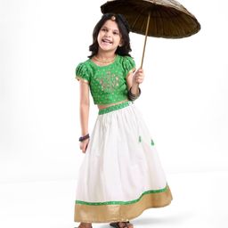 Babyhug Half Sleeves Pattu Pavada Choli & Lehenga with Floral Embroidery - Green-image-27
