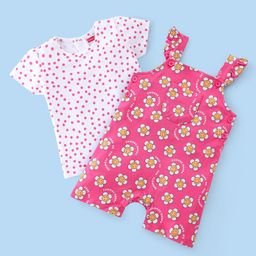 Babyhug Cotton Knit Floral Printed Dungaree Style Romper & Half Sleeves Inner T-Shirt Polka Dot Print  - White & Pink-image-65