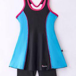 Rovars Cotton Blend Sleeveless Solid Color Frock Swimsuit - Black & Teal Blue-25