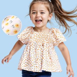 Babyhug Rayon Woven Half Sleeves Floral Printed Top with Smocking - Off White-image-18