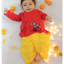 BownBee Pure Cotton Full Sleeves Animal Embroidered Kurta & Dhoti Set - Red-image-53
