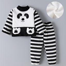Kookie Kids Full Sleeves Striped High Neck Winter Wear Night Suit With Panda Applique - White & Black-image-64