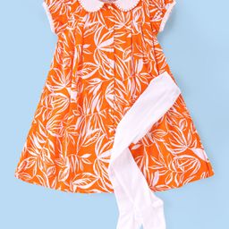 Babyhug Cambric Woven Puffed Sleeves A Line Frock with Peter Pan Collar Leaf Print - Orange-image-32