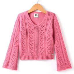 Yellow Apple Knitted Full Sleeves Pullover Sweater With Schiffli Design - Pink-image-32