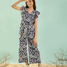 Cherry & Jerry Frill Sleeves Abstract Printed Waist Tie Up Jumpsuit - Blue-picture-14