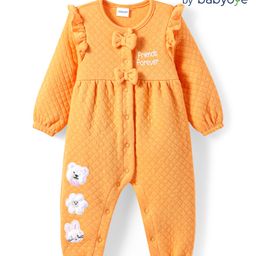 Babyoye Eco Conscious100% Cotton Knit Solid Dyed Romper with Floral Patch &Bow Applique - Orange-image-63
