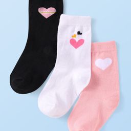 Cute Walk by Babyhug Knit Ankle Length Socks With Heart Design Pack of 3 - Black White & Pink-image-89