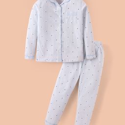 Ollypop Sinker Knit Full Sleeves Front Open Night Suit with Heart Print - Blue-image-50