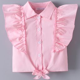 Mark & Mia Flutter Sleeves Shirt Styled Solid Top With Knot Detailing - Pink-picture-7