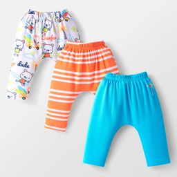 Babyhug Interlock Knit Full Length Diaper Leggings with Beach Theme Print & Stripes Pack of 3 - Orange Blue & White-image-76