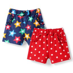 Babyhug Single Jersey Knit Mid Thigh Shorts With Polka Dot & Star Print & Bow Applique Pack of 2 - Red & Navy Blue-image-9