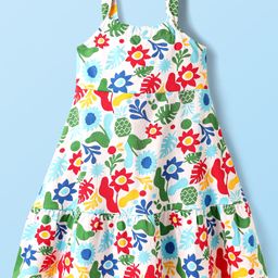 Babyhug Single Jersey Knit Sleeveless Frock With Floral & Leaf Print - White-image-41