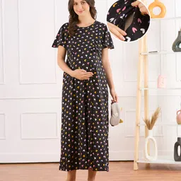 Bella Mama Cotton Knit Half Sleeves Nighty With Concealed Zipper & Heart Print - Blue-picture-26