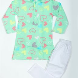 BABY CLOSET Cotton Full Sleeves Hearts Printed Kurta Pyjama Set - Light Green-image-85
