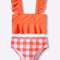 KIDLINGSS Sleeveless Solid Ruffle Detailed Spaghetti Style & Checked 2 Piece Swimsuit - Neon Orange-image-11