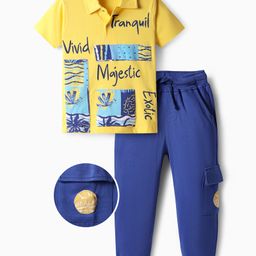 OLLINGTON ST. Cotton Half Sleeves Printed Polo T-Shirt & Knit Lounge Pant Set - Yellow & Navy Blue-picture-9