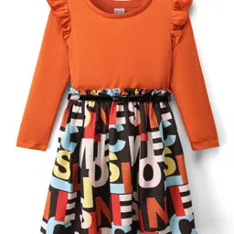 Hola Bonita Woven Full Sleeves Frock & Belt with Frill Detailing & Text Print - Rust Orange-picture-14