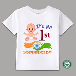 BLUSHES 100% Cotton Knit Independence Day Theme Half Sleeves Its My 1st Independence Day Text Printed Tee - White-image-88