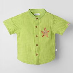 Greendeer 100% Softner Washed Muslin Cotton Woven Half Sleeves Starfish Embroidered Shirt - Green-image-26