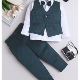 Fourfolds Satin Woven Full Sleeves Textured 3 Piece Party Suit With Bow Set - Teal Blue-image-26