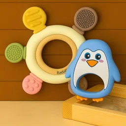 Badal Kidz Premium Wooden & BPA-Free Silicone Teether Combo, Safe & Soothing for Babies- Beige & Blue-picture-5